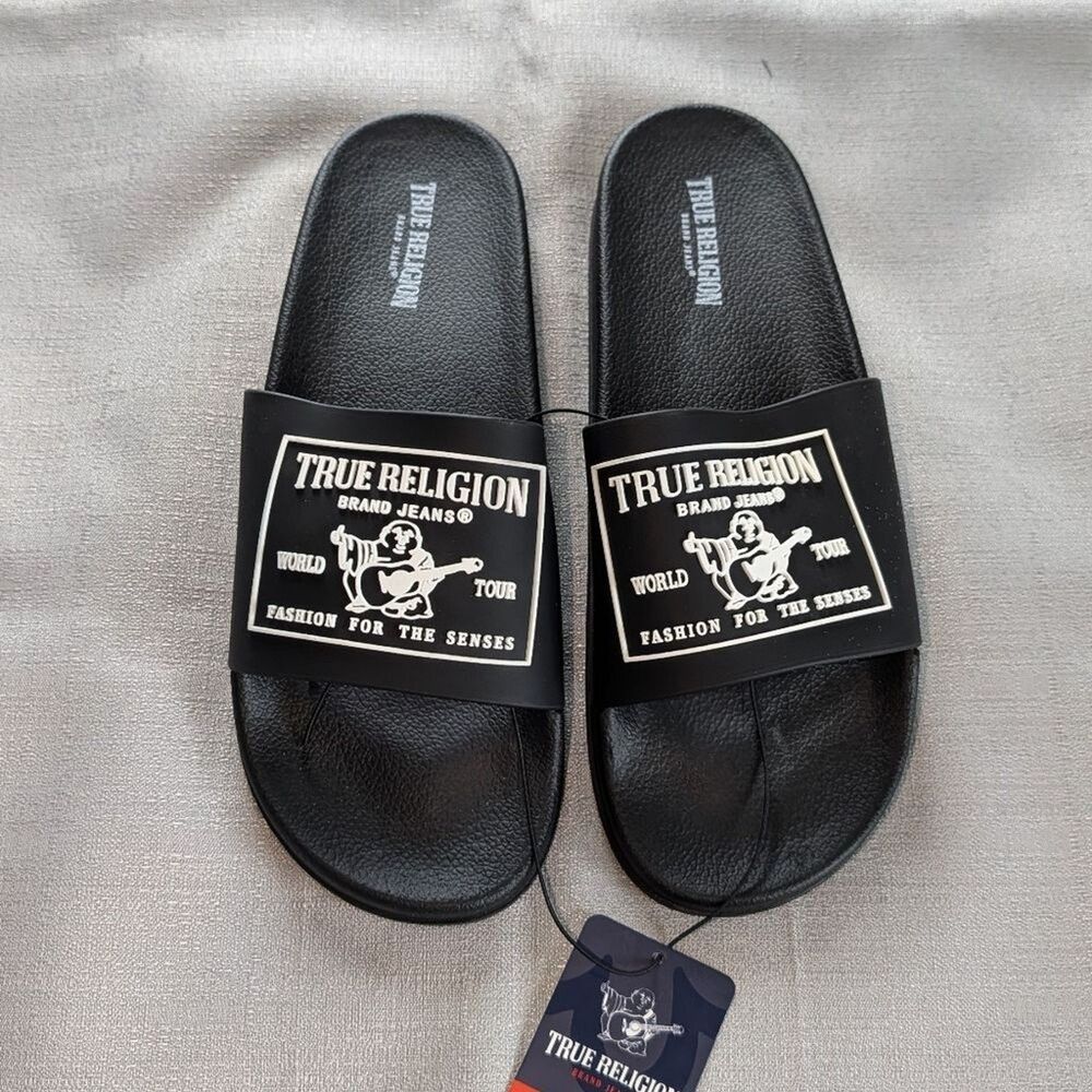 True Religion Kendrick Logo Black Slides Men's Size 11 NEW!